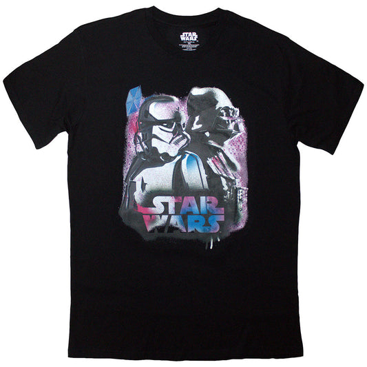 Neon graphic of Darth Vader and a Stormtrooper on a black unisex t-shirt.