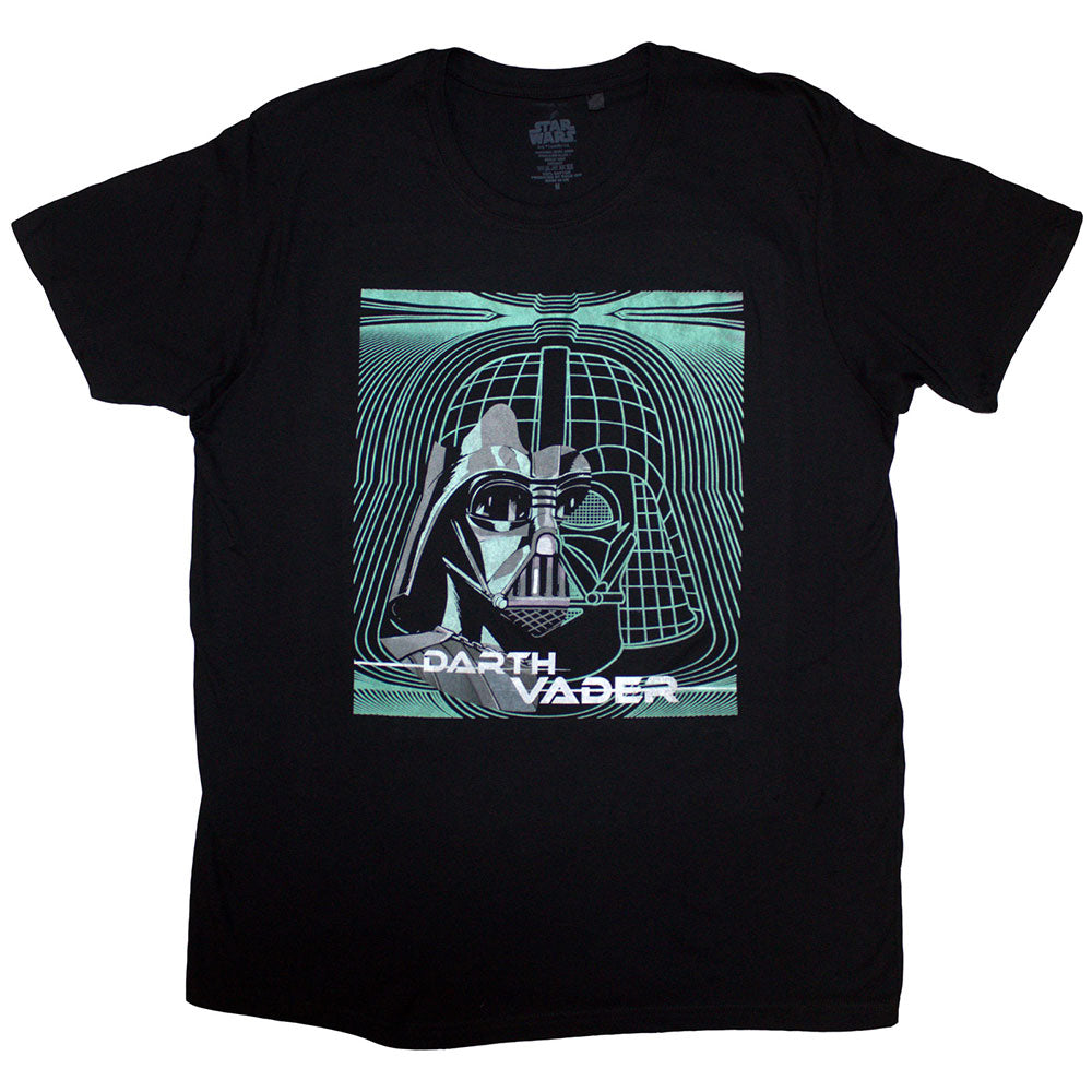 Black unisex T-shirt featuring a graphic print of Darth Vader’s mask in grid style.