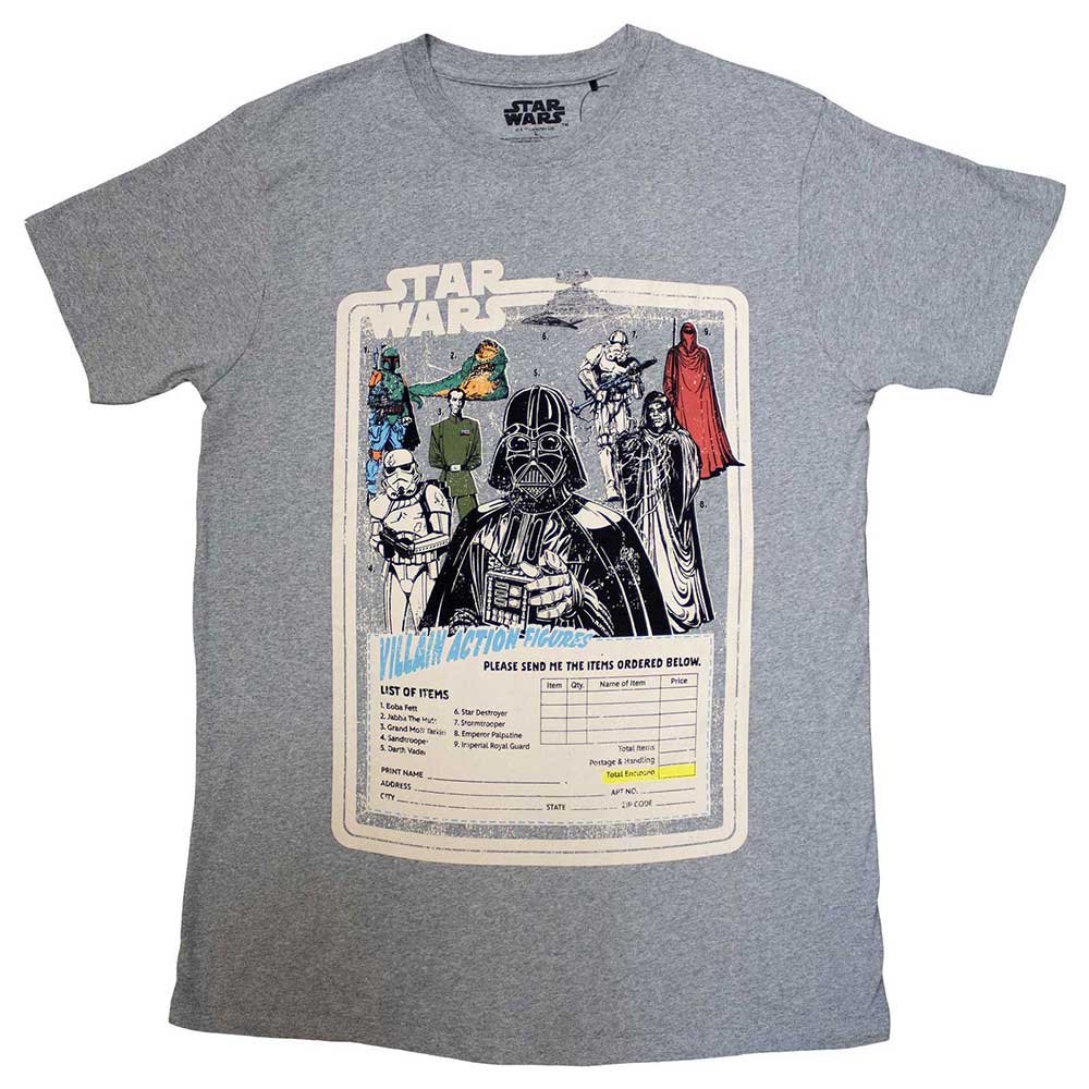 Large black t-shirt featuring colorful Star Wars villain action figure graphics.