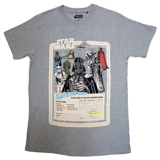 Large black t-shirt featuring colorful Star Wars villain action figure graphics.