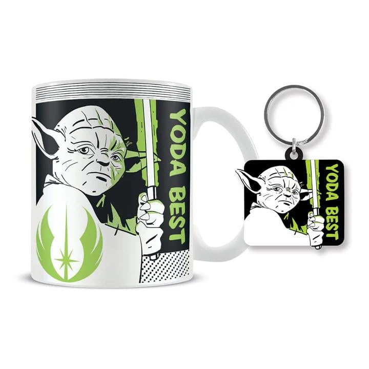 White mug and keychain featuring a graphic of Yoda with lightsaber.
