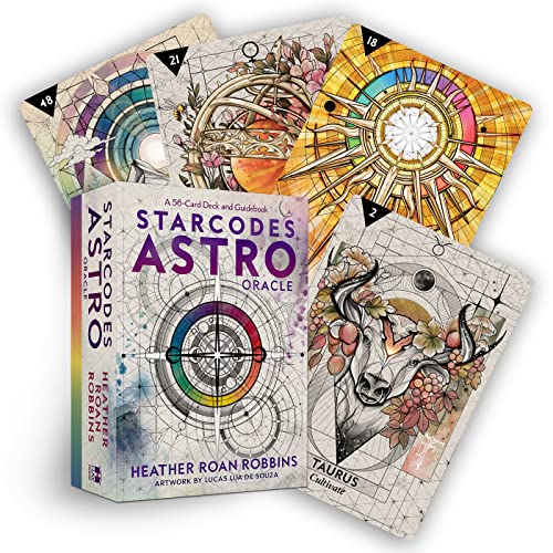 Starcodes Astro Oracle deck box and four illustrated cards with astrological and celestial designs.