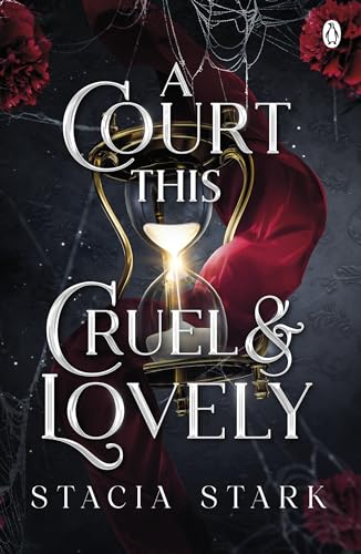 Book cover: hourglass, roses, and swirling fabric in dark, romantic tones.