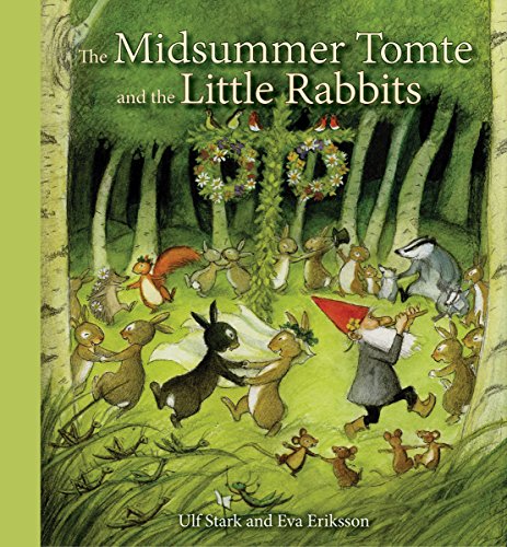 Children’s book cover depicting a tomte and rabbits in a forest scene.