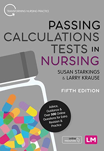 Book cover: “Passing Calculations Tests in Nursing,” fifth edition, with pills.