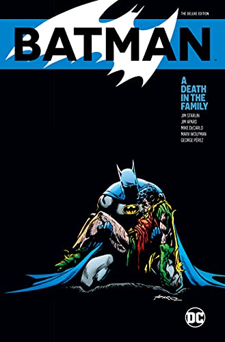 Batman holding the body of Robin on a black background, comic book cover art.