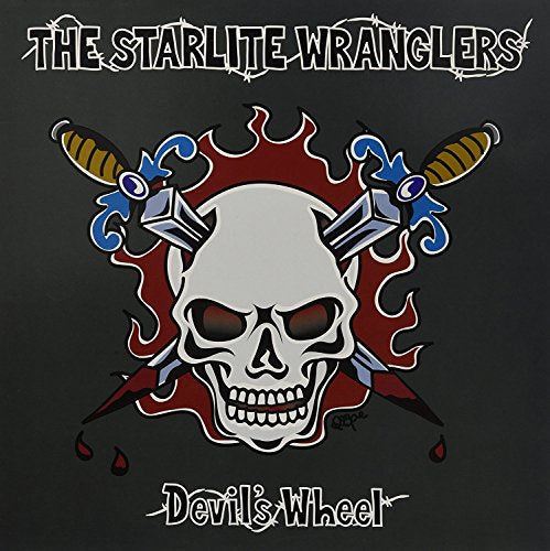 Skull with crossed daggers and flames, album cover for Starlite Wranglers.