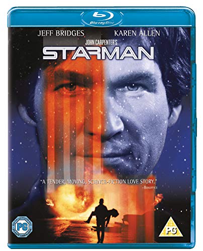 Starman" Blu-ray cover featuring Jeff Bridges and Karen Allen, with a fiery background.