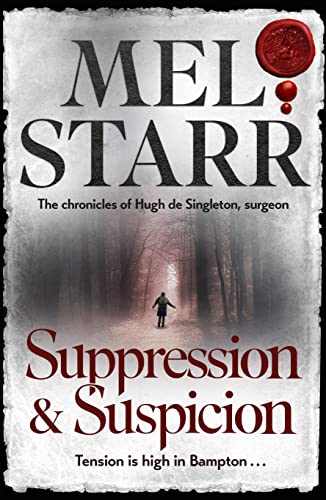 Book cover: dark forest scene with a lone figure, title "Suppression & Suspicion".