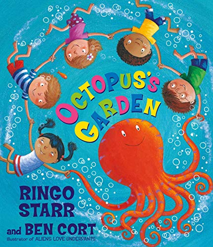 Children swimming in a circle around a large orange octopus in blue water.