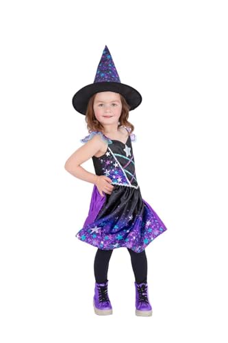 Young girl wearing a black and purple starry night witch costume.