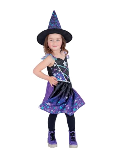 Child wearing a black and purple starry night witch costume.