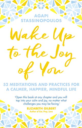 Book cover with yellow and blue geometric pattern, title "Wake Up to the Joy of You".