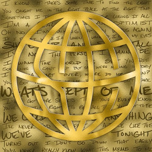 Gold globe graphic over textured background with handwritten lyrics.