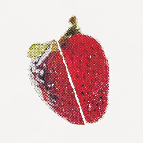 Halved strawberry with green stem, textured, against a white background.