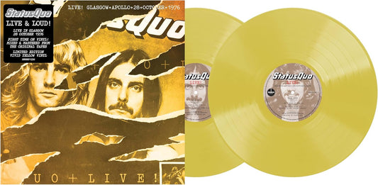 Status Quo "Live & Loud!" yellow vinyl LP record with band image.