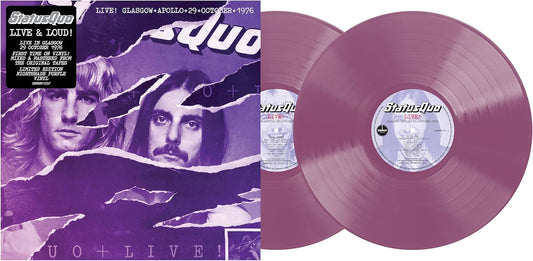 Purple Status Quo vinyl record with band image and concert details.