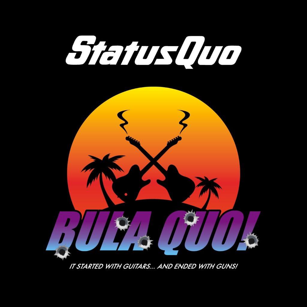 Status Quo “Bula Quo!” CD cover: guitars, palms, sunset, and text.