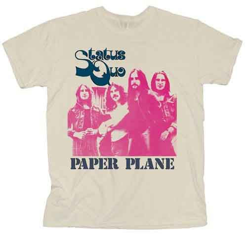 Beige t-shirt with a graphic of the band Status Quo and text.