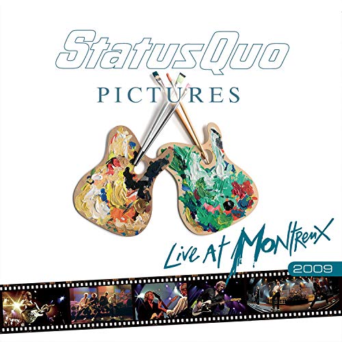 Status Quo “Pictures” album cover with painted guitars and concert footage.