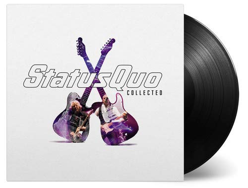 "Status Quo Collected vinyl record with white cover and crossed guitars."