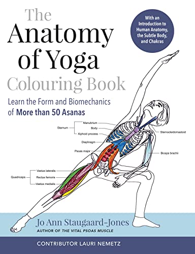 Yoga colouring book cover with anatomical illustration of a woman in a pose.