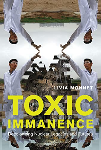 Book cover with mirrored image of a person and nuclear landscape.
