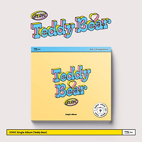 Stayc “Teddy Bear” CD album cover with colorful text and bear illustration.