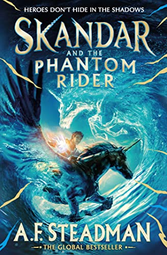A young rider on a winged unicorn amidst swirling blue water and magical energy.