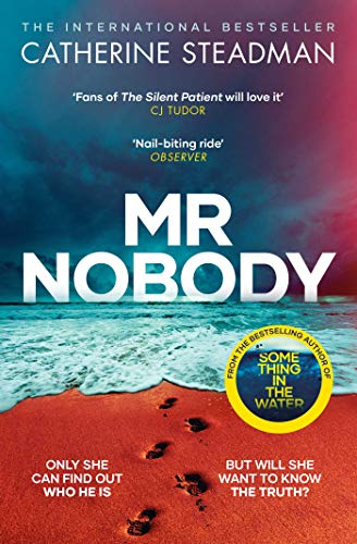 Book cover: "Mr Nobody" with footprints in red sand and ocean waves.