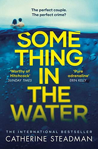 Book cover: "Something in the Water" with figures submerged in blue water.