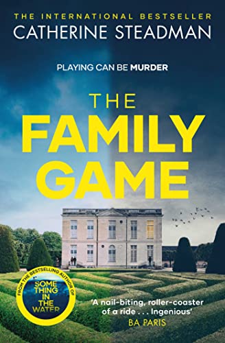 Book cover for The Family Game featuring a large mansion behind a garden hedge maze.