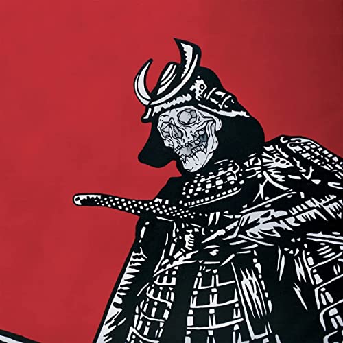 Black and white illustration of a skeletal samurai warrior on red background.