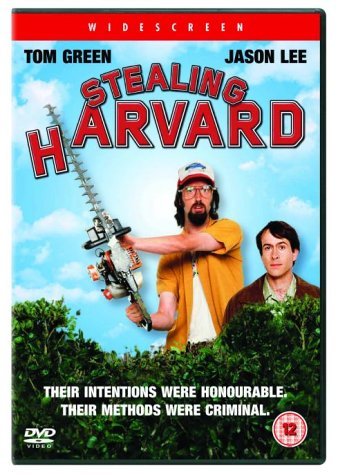 DVD cover for Stealing Harvard featuring Tom Green holding a hedge trimmer behind Jason Lee.