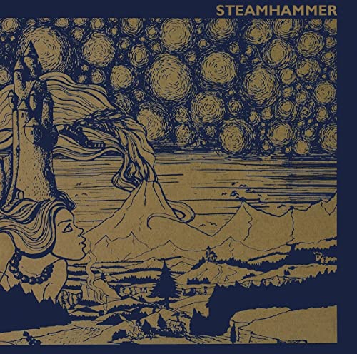 Stylized line drawing of a woman, castle, and mountains in gold on blue background.