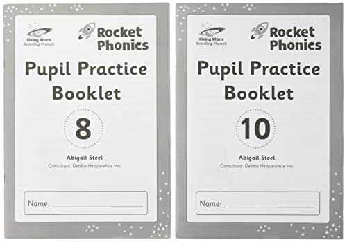 Two "Rocket Phonics" pupil practice booklets, numbered 8 and 10.