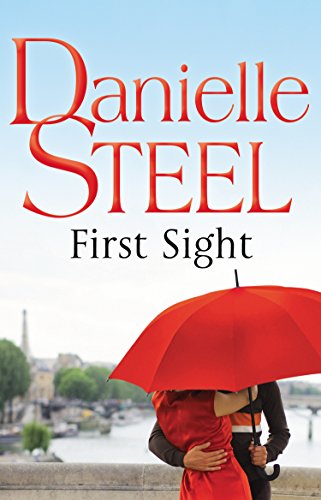 Book cover: "First Sight" by Danielle Steel, couple under red umbrella.