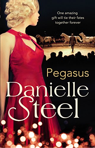 Book cover: woman in red dress, horses performing, dark background.