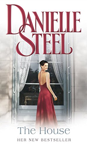 Book cover: woman in red dress standing before a mansion.