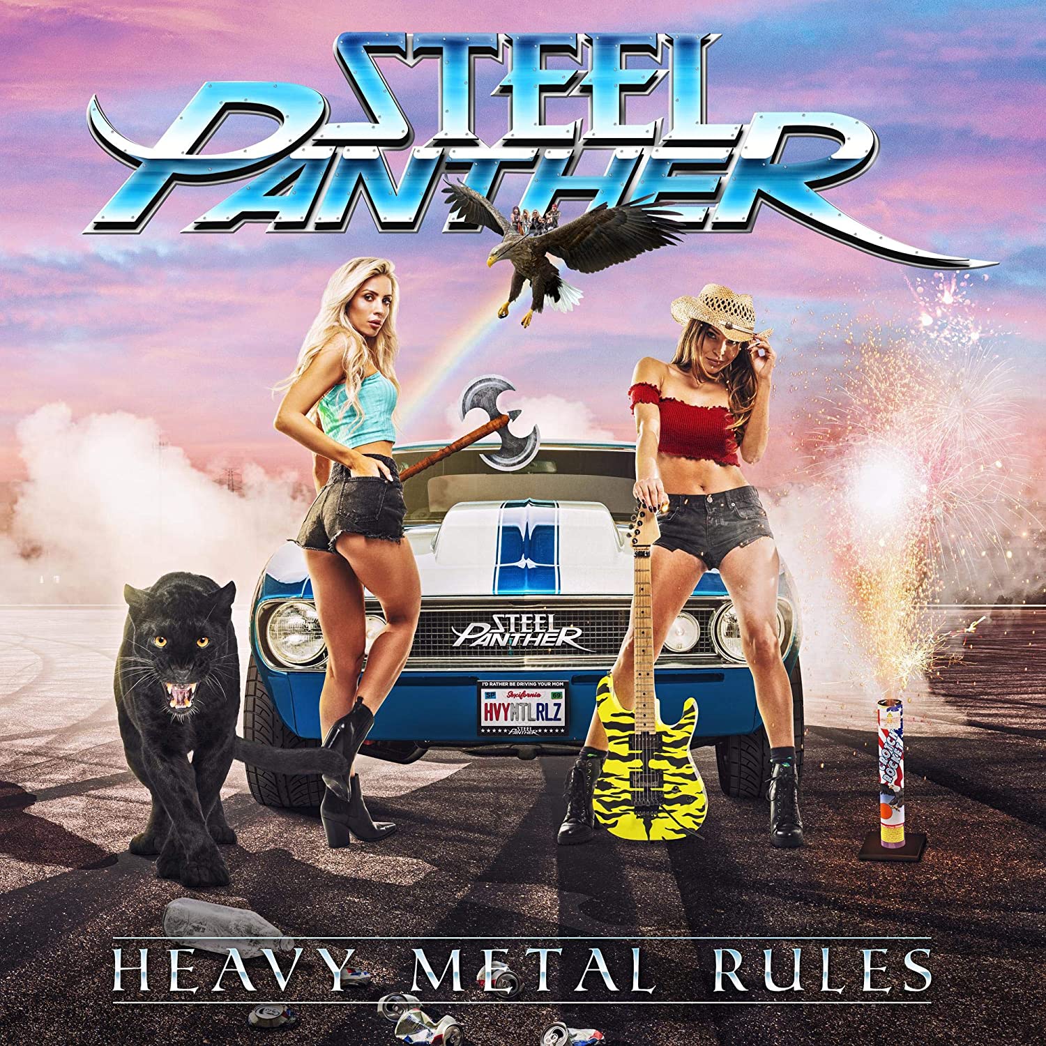 Steel Panther album cover featuring two women, a car, panther, and eagle.