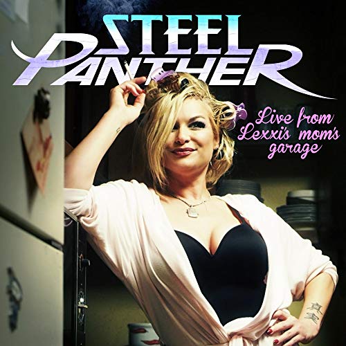A blonde woman with hair rollers poses in a kitchen for the Steel Panther album.