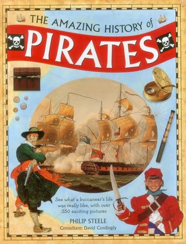 Book cover titled The Amazing History of Pirates with illustrations of ships and pirates.