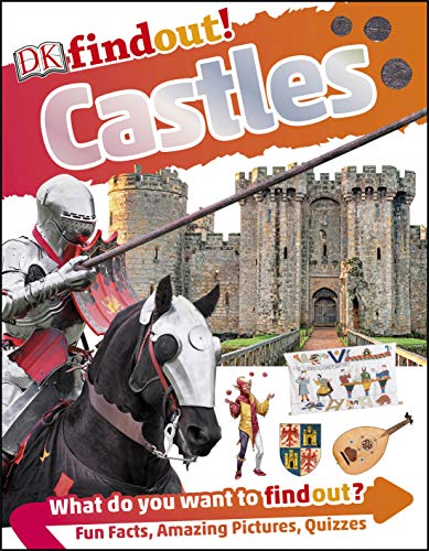 Book cover featuring a knight on horseback, a stone castle, jester, shield, and lute.
