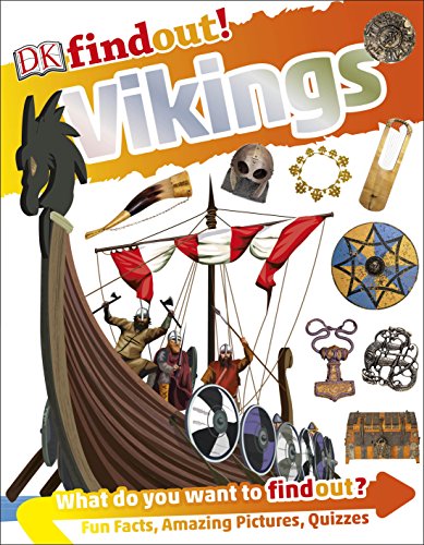 "Book cover featuring a Viking ship and artifacts with the title 'DKfindout! Vikings'."