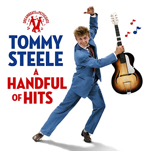 Tommy Steele in a blue suit playing guitar on album cover.