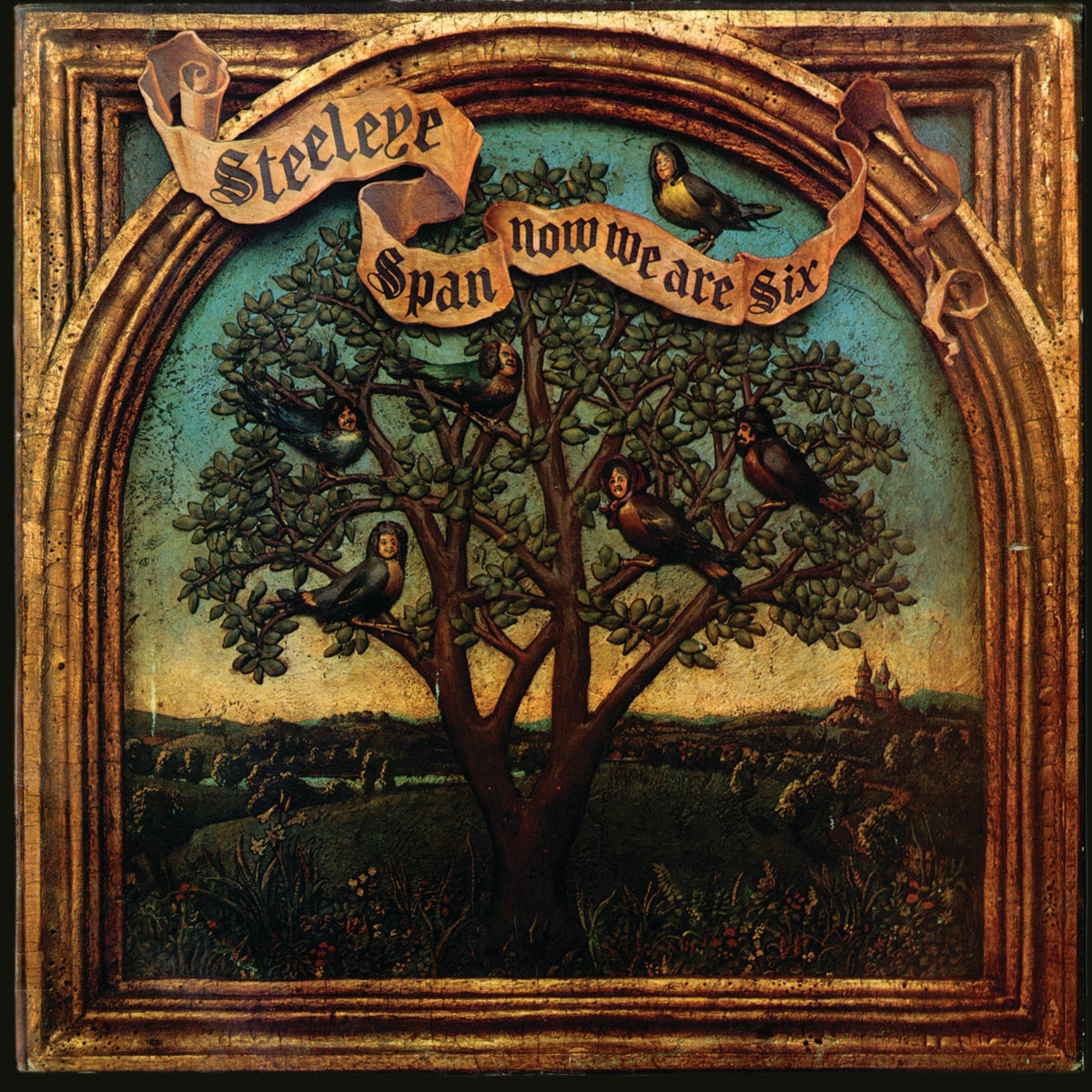 Album cover art showing birds with human faces perched in a tree inside frame.
