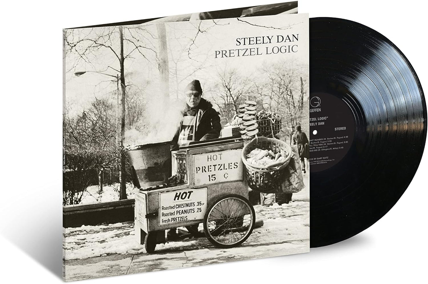 Black and white vinyl record cover featuring a street vendor selling hot pretzels.
