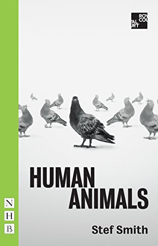 Play script cover: black and white pigeons, green stripe, bold title.