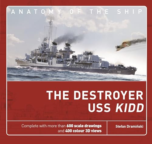 USS Kidd destroyer ship at sea, detailed technical illustration cover.
