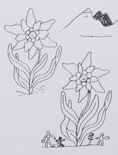 Black and white sketch of edelweiss flowers and tiny figures.
